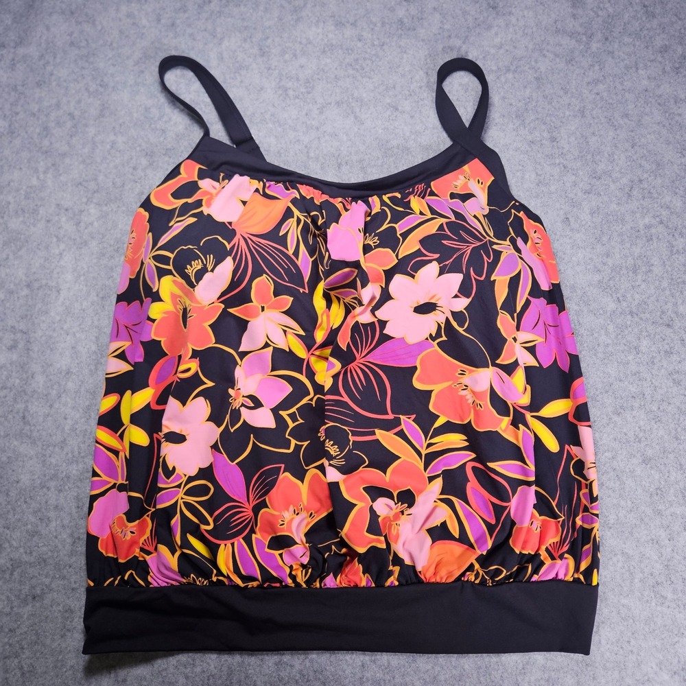 Lands' End Women Black Floral Tankini Top Blouson Swim Vacation Size 20W DDD